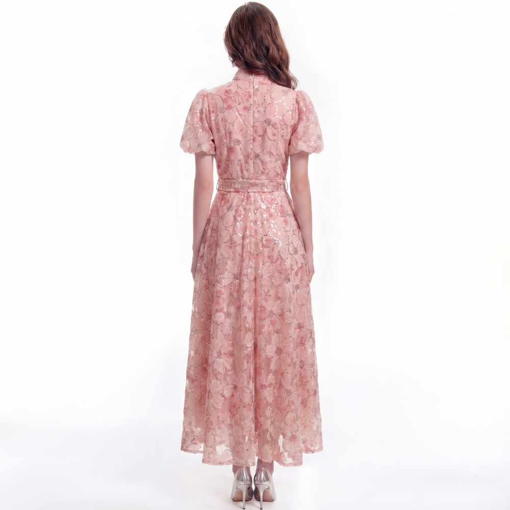 Short sleeve lace A-line single-breasted cstand collar dress