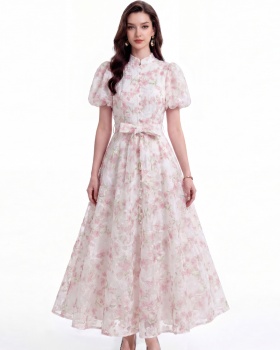 Cstand collar short sleeve pinched waist dress