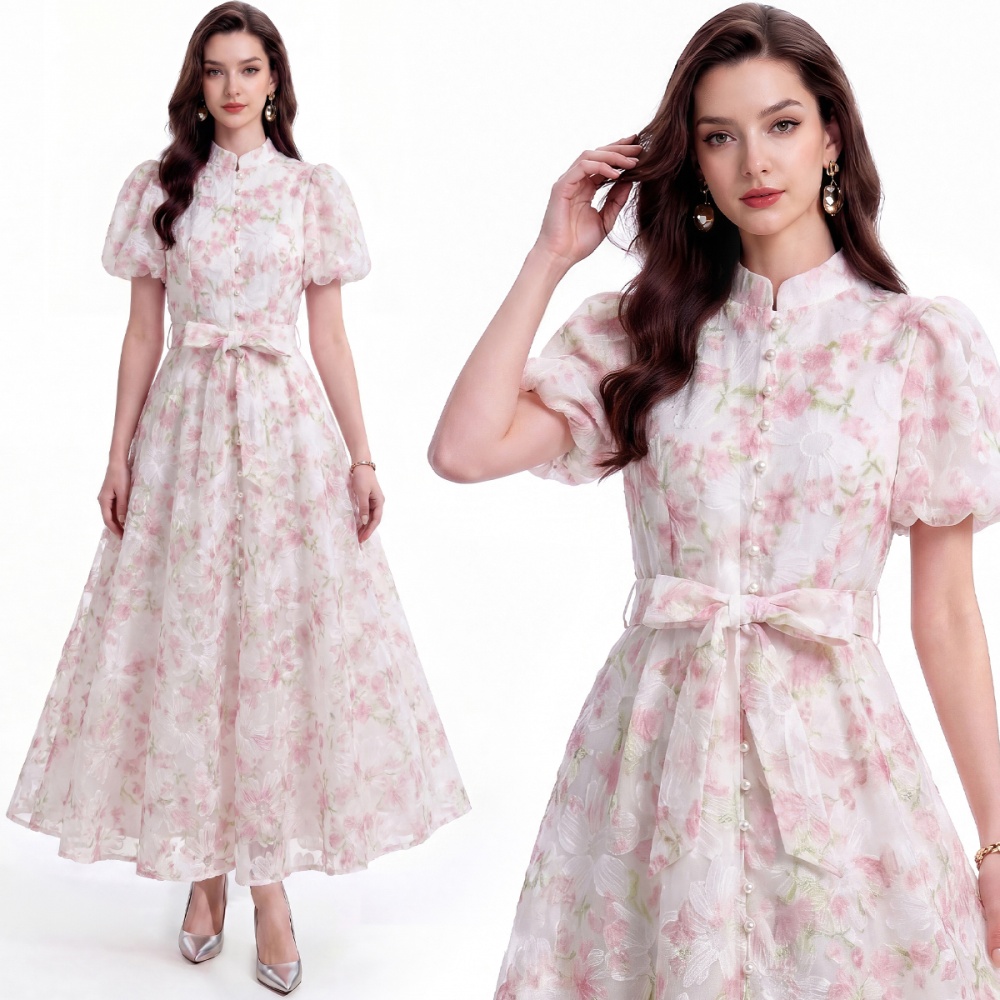 Cstand collar short sleeve pinched waist dress
