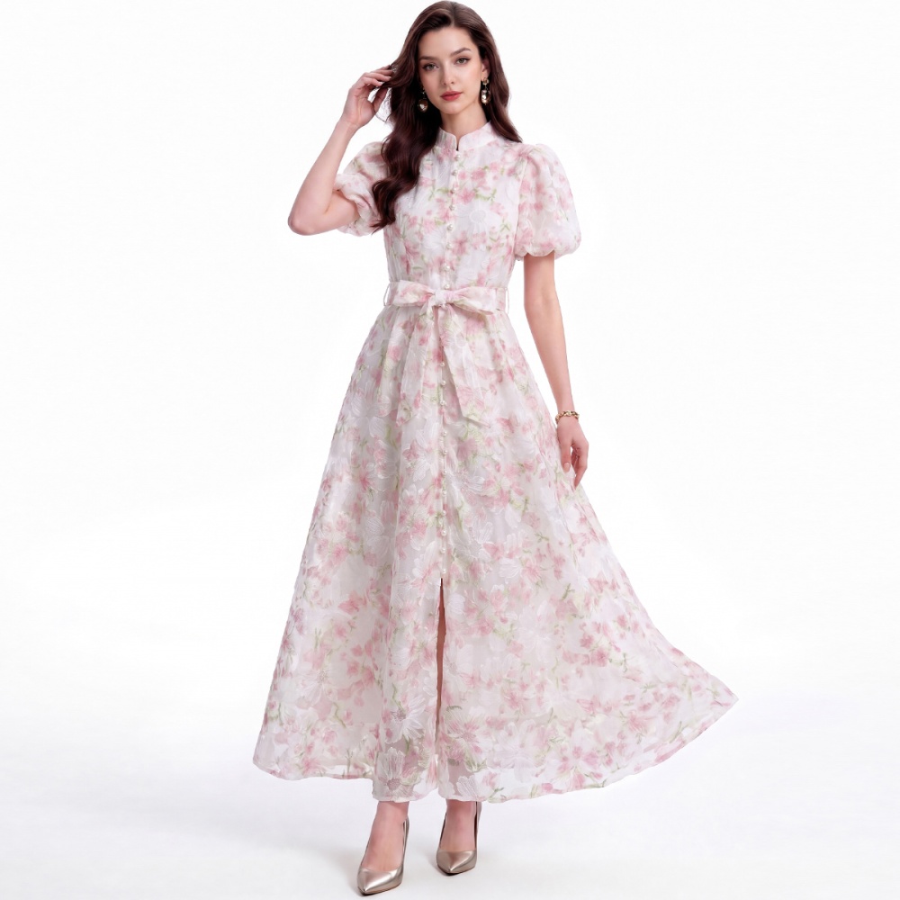 Cstand collar short sleeve pinched waist dress