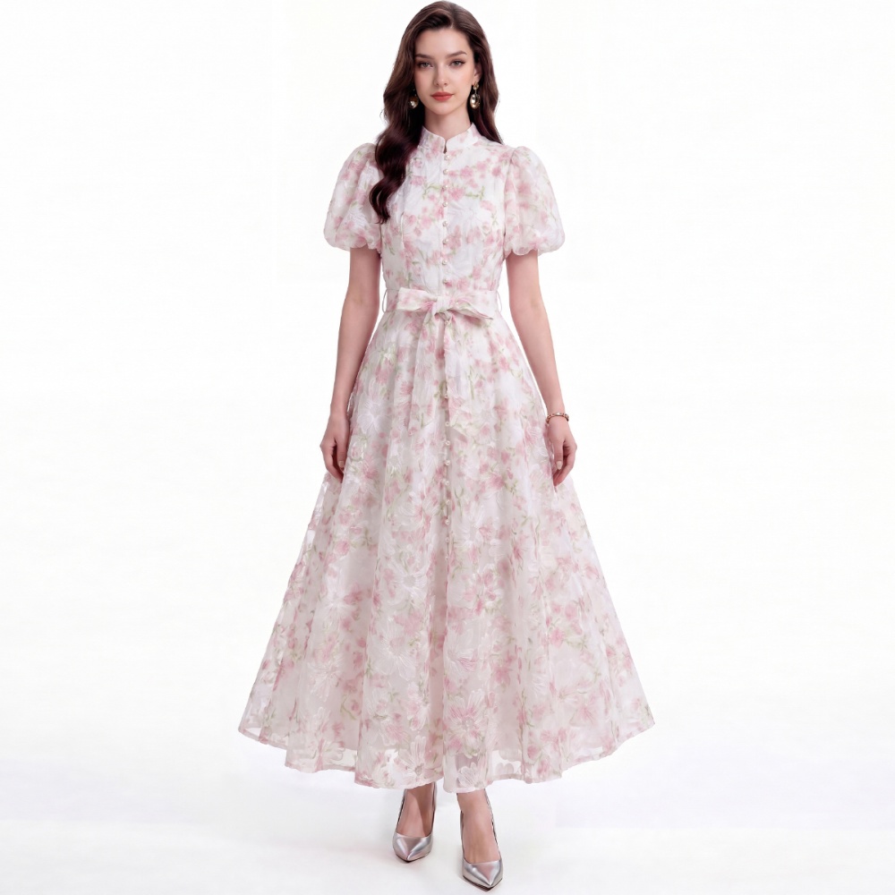 Cstand collar short sleeve pinched waist dress