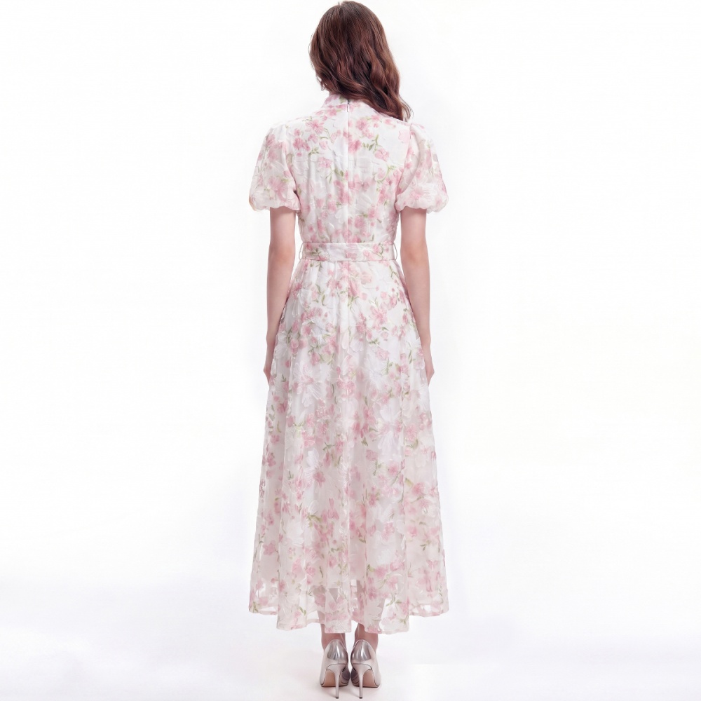 Cstand collar short sleeve pinched waist dress