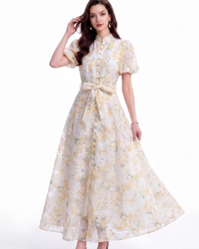 Tender single-breasted lace cstand collar dress