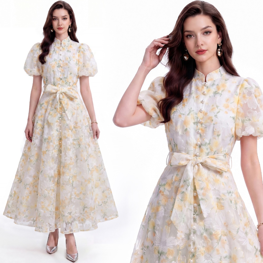 Tender single-breasted lace cstand collar dress