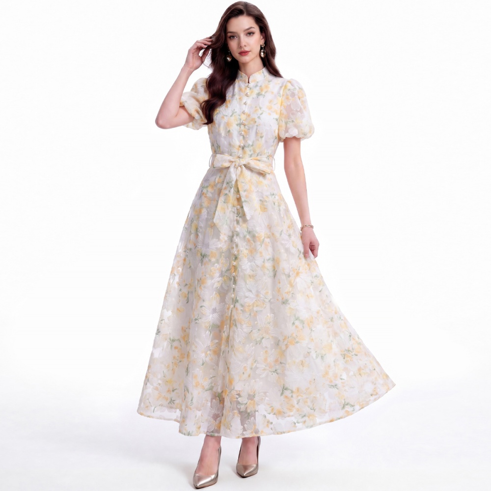 Tender single-breasted lace cstand collar dress