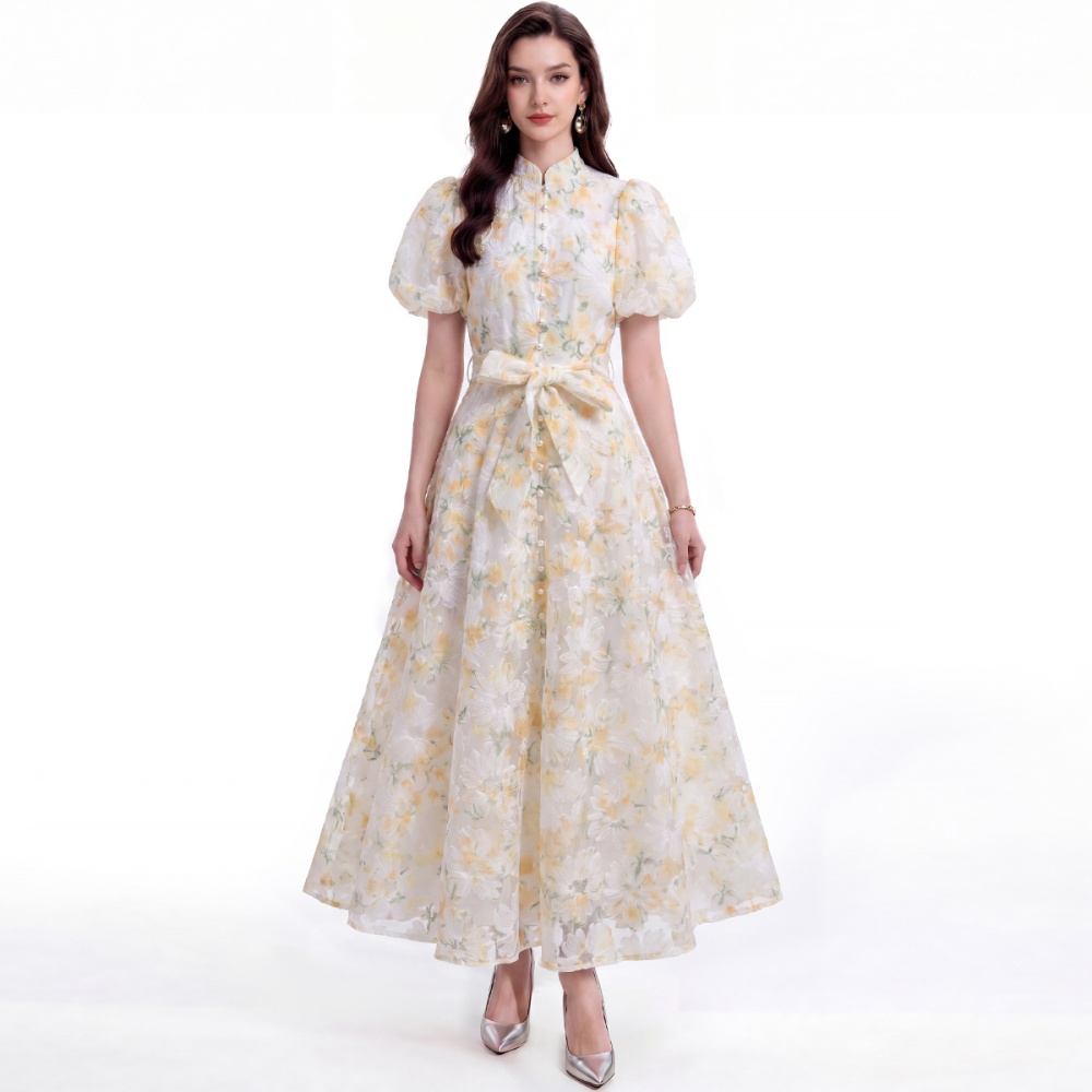 Tender single-breasted lace cstand collar dress