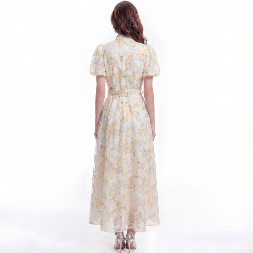 Tender single-breasted lace cstand collar dress