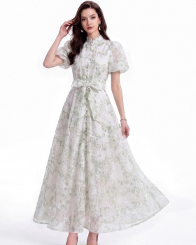 A-line pinched waist lace single-breasted dress