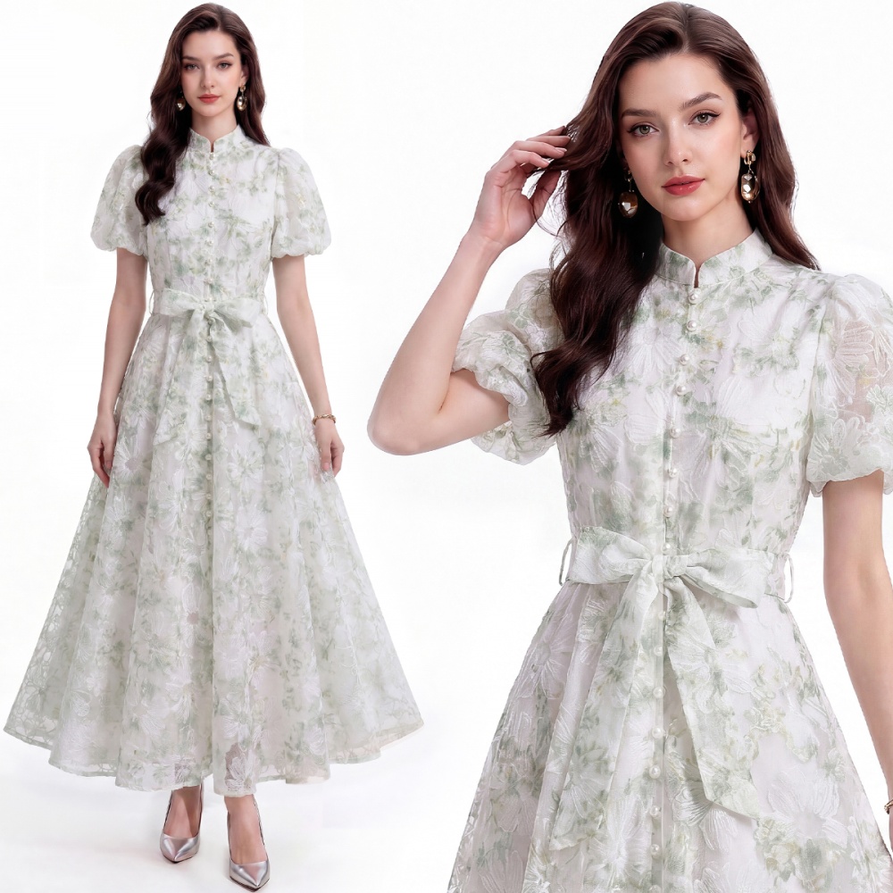 A-line pinched waist lace single-breasted dress