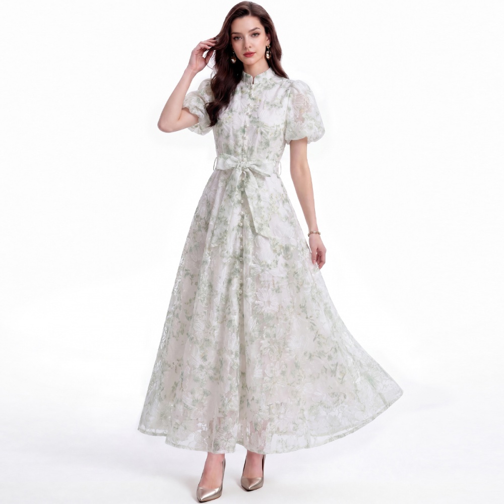 A-line pinched waist lace single-breasted dress