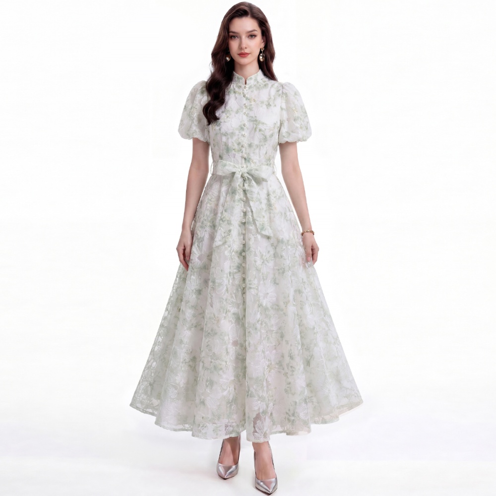 A-line pinched waist lace single-breasted dress