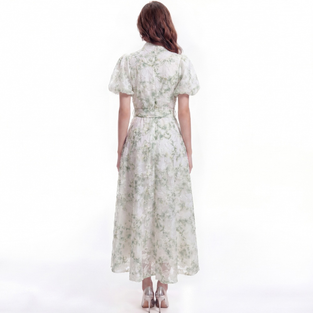 A-line pinched waist lace single-breasted dress