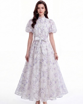 Slim cstand collar short sleeve France style tender lace dress