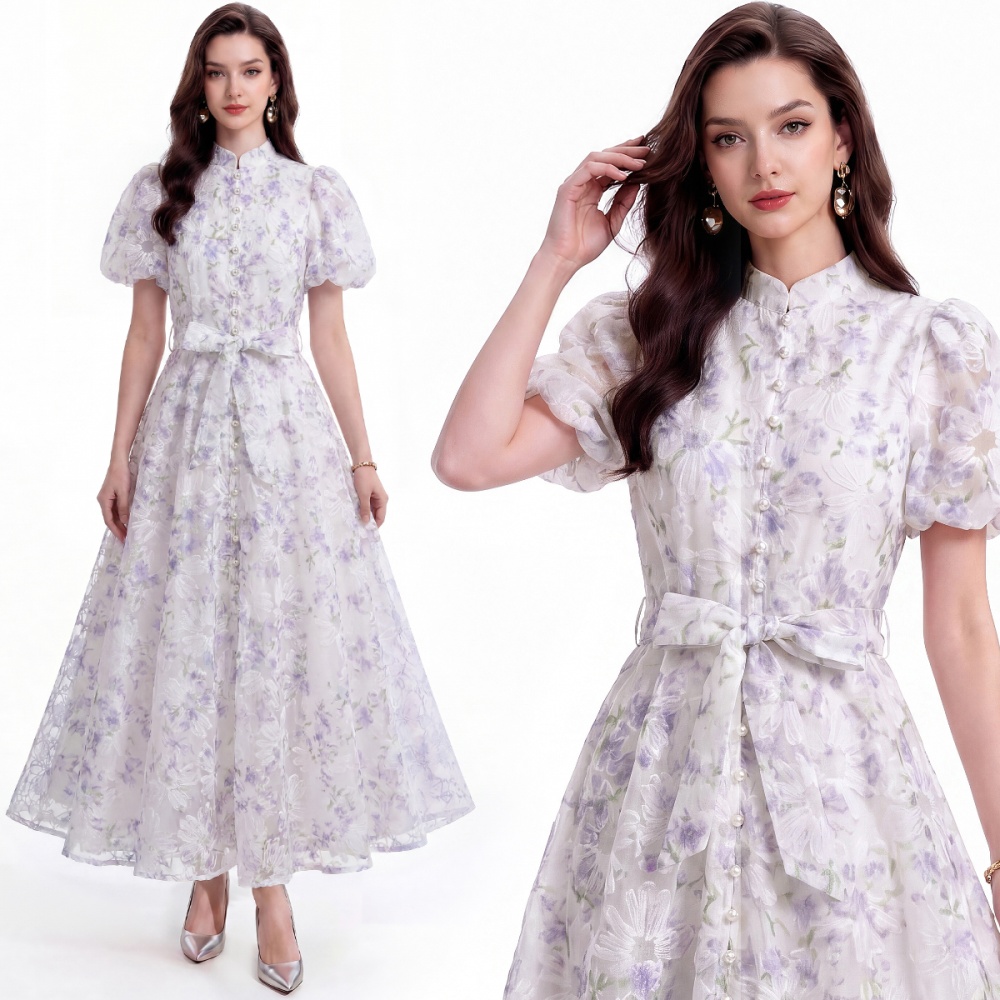 Slim cstand collar short sleeve France style tender lace dress