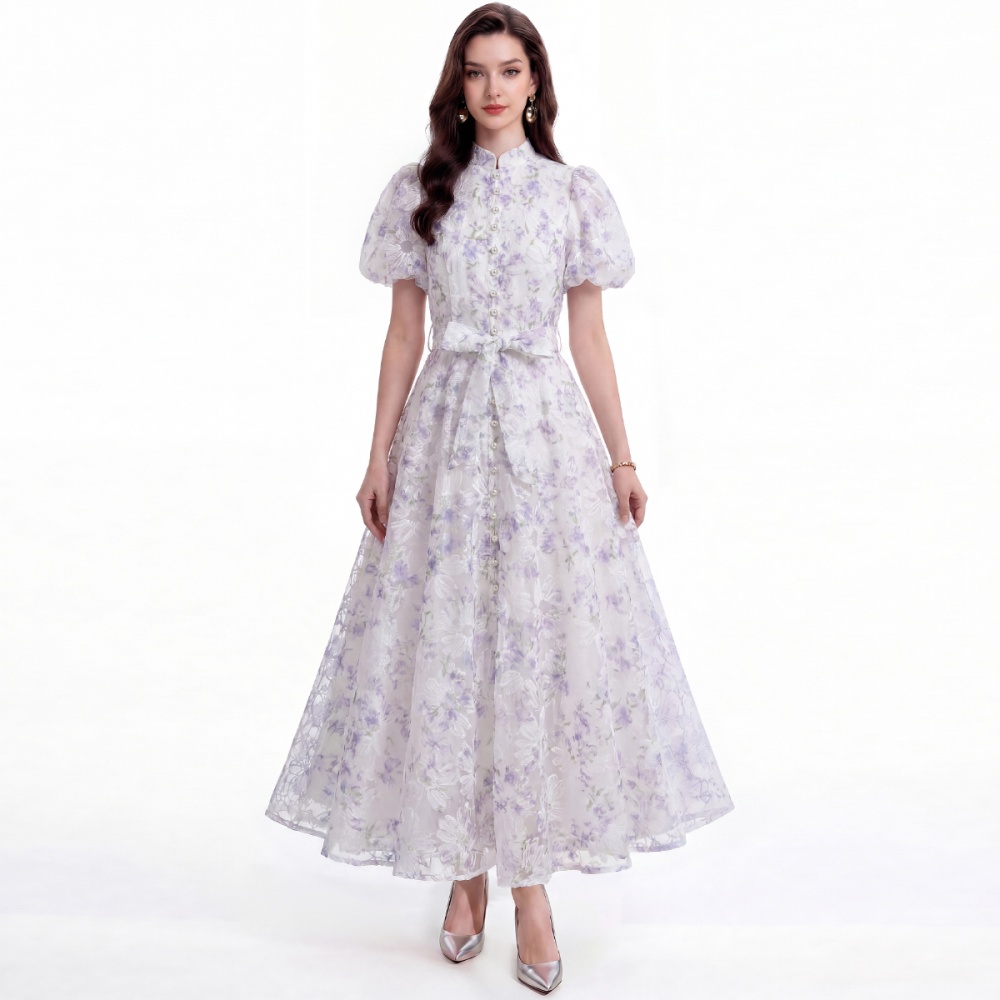 Slim cstand collar short sleeve France style tender lace dress