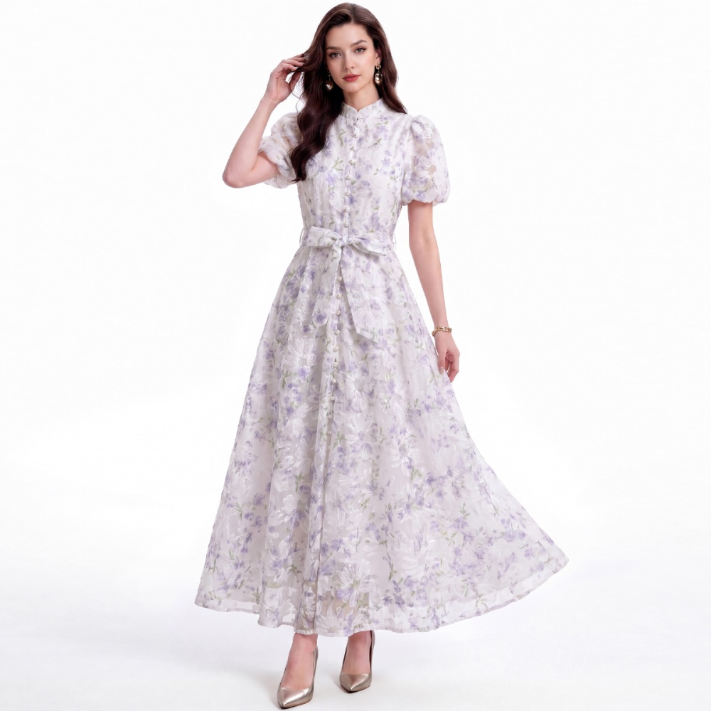 Slim cstand collar short sleeve France style tender lace dress
