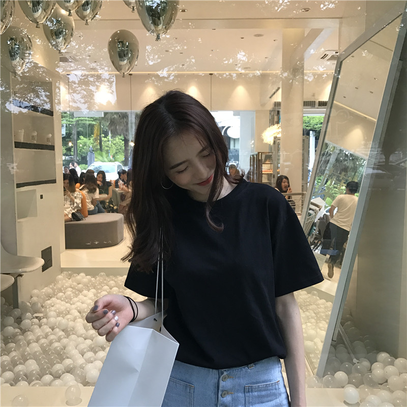 All-match round neck was white simple loose T-shirt