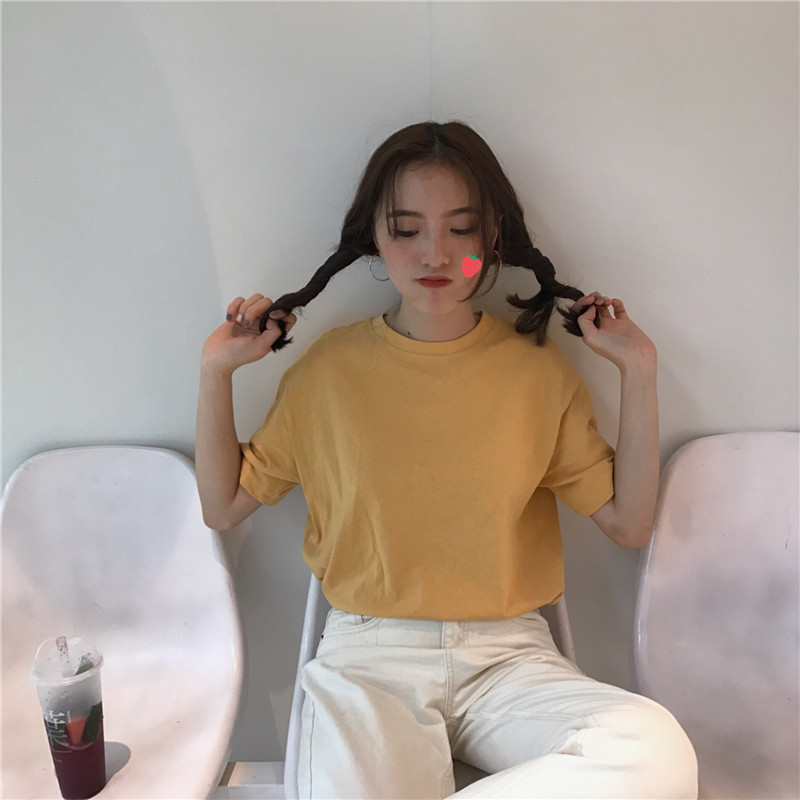 All-match round neck was white simple loose T-shirt