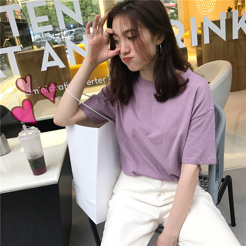All-match round neck was white simple loose T-shirt