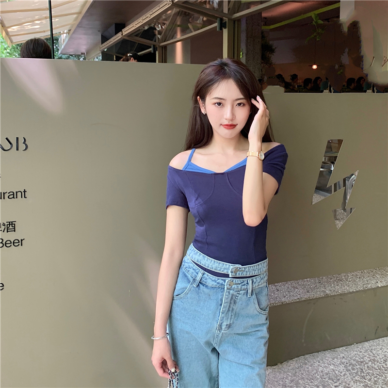 Summer short Pseudo-two Korean style slim tops