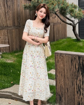 Large yard embroidery France style printing chiffon dress