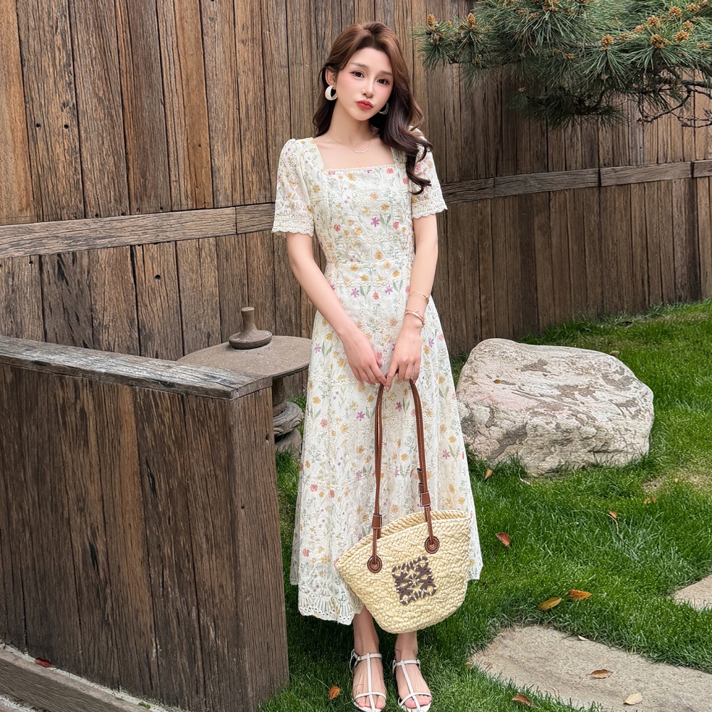 Large yard embroidery France style printing chiffon dress