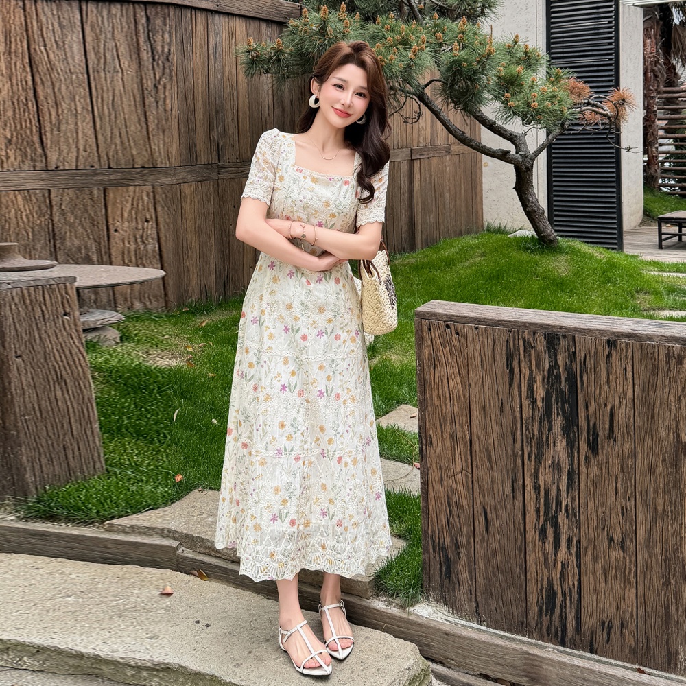 Large yard embroidery France style printing chiffon dress