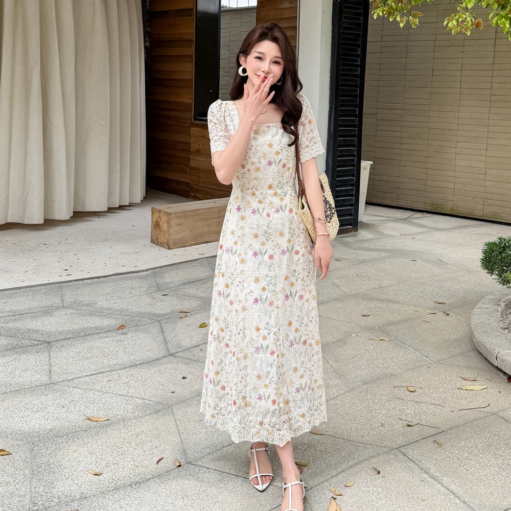 Large yard embroidery France style printing chiffon dress