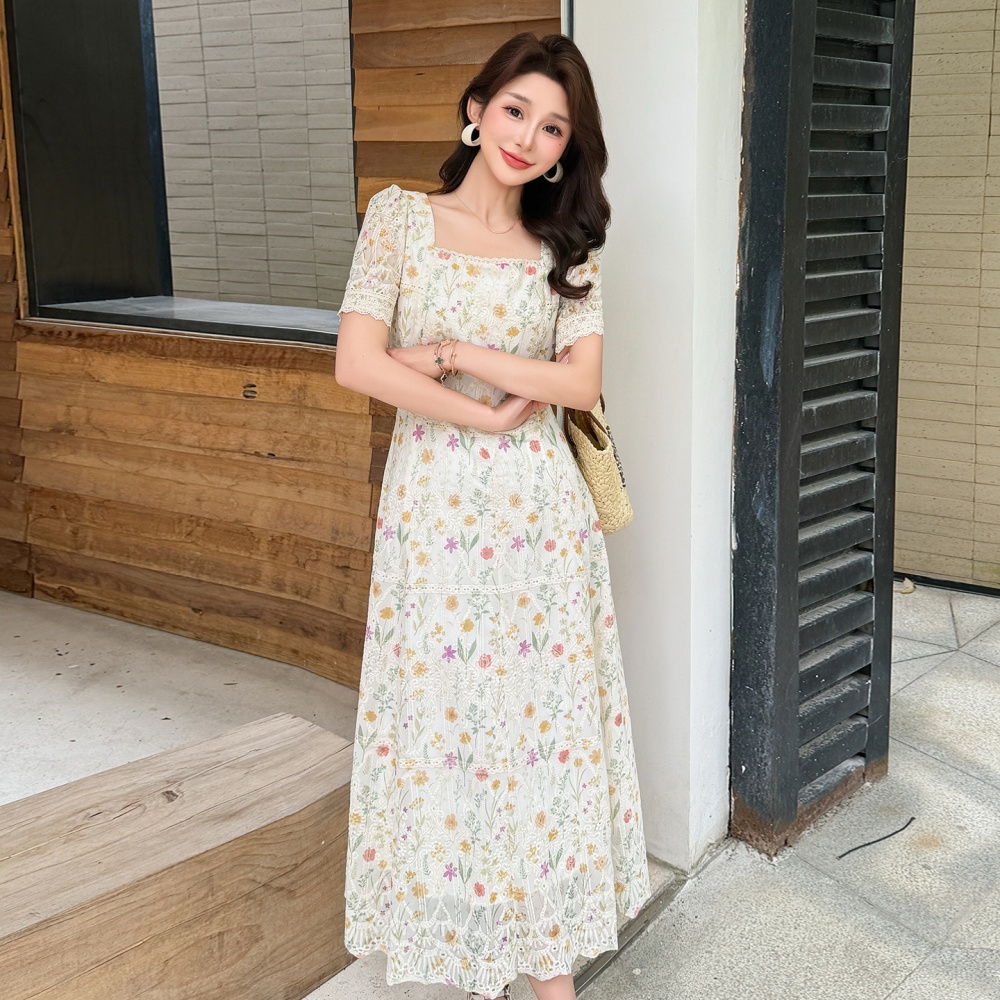 Large yard embroidery France style printing chiffon dress