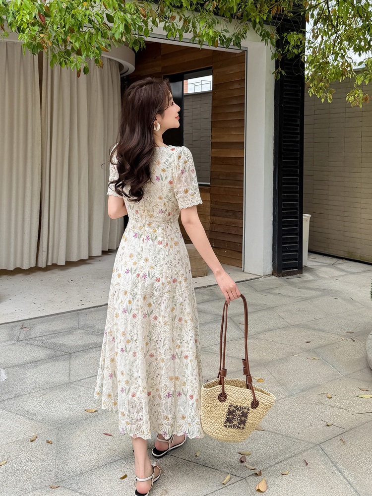 Large yard embroidery France style printing chiffon dress
