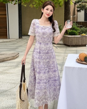 Square collar large yard splice chiffon temperament dress
