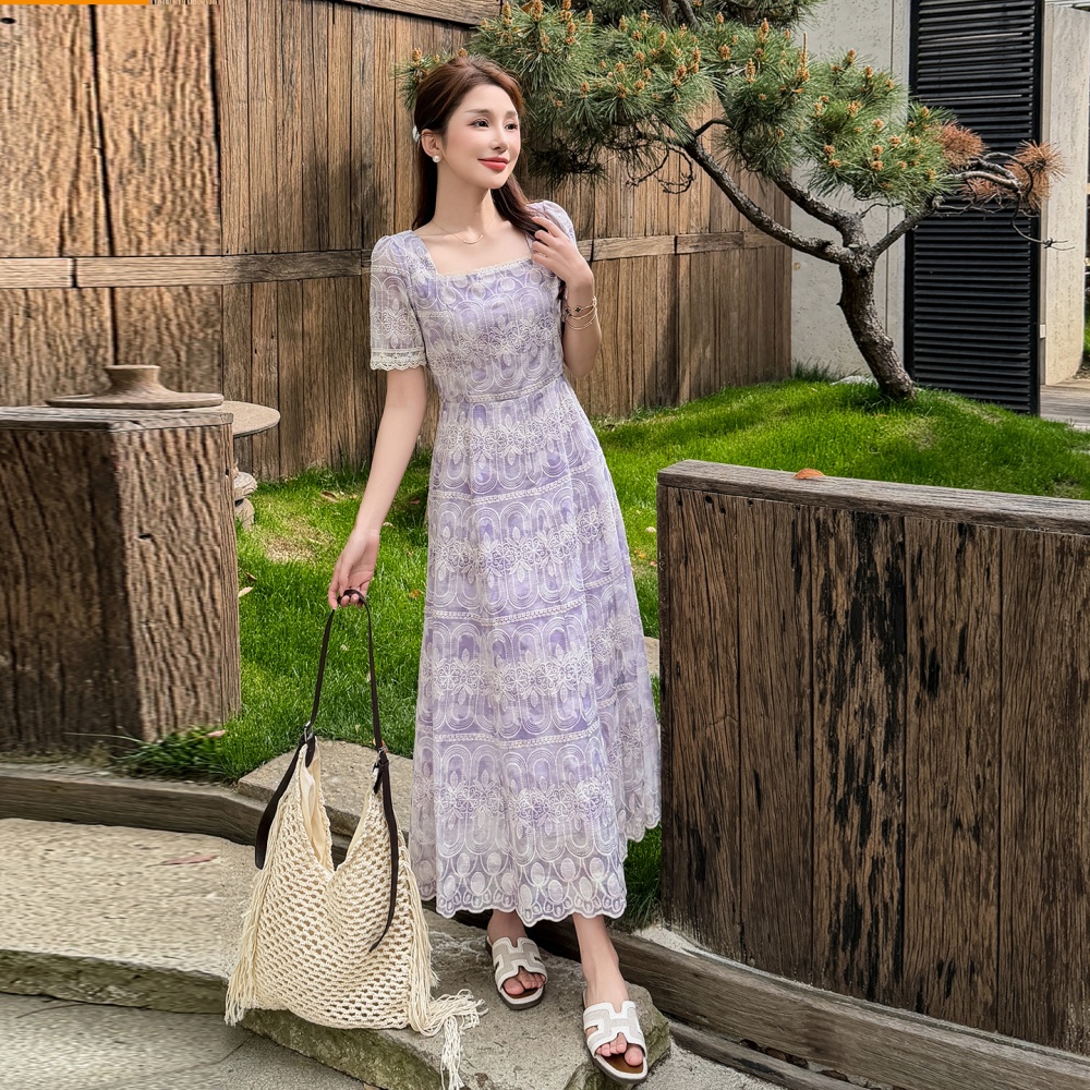 Square collar large yard splice chiffon temperament dress