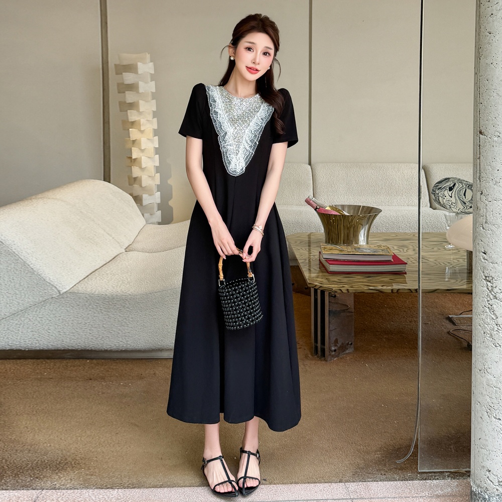 Lace splice big skirt slim beading large yard dress