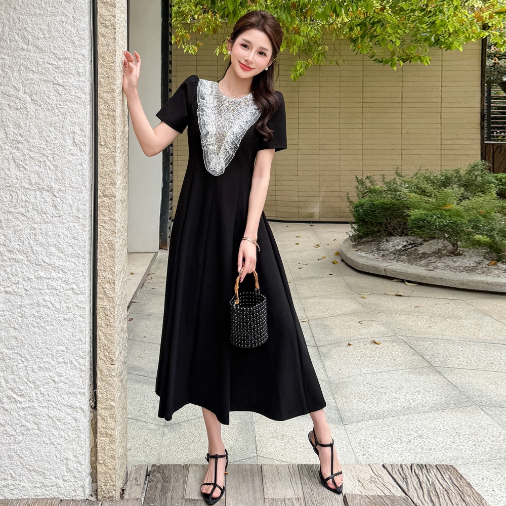 Lace splice big skirt slim beading large yard dress