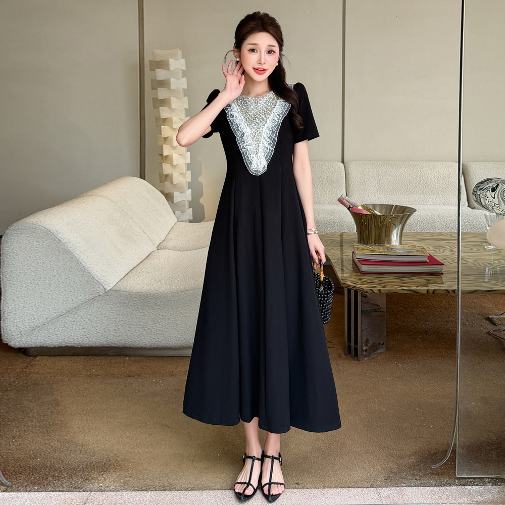 Lace splice big skirt slim beading large yard dress