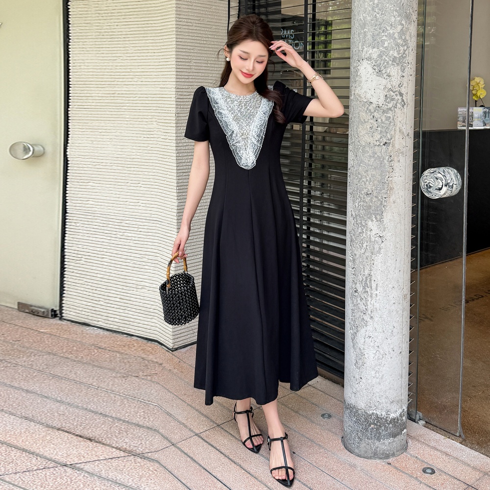 Lace splice big skirt slim beading large yard dress