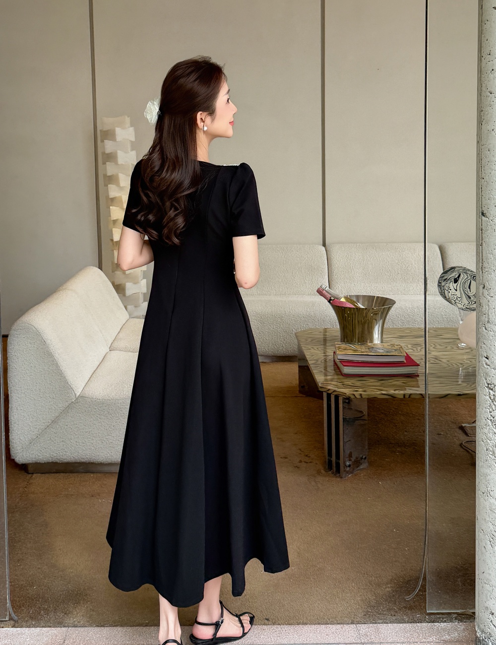 Lace splice big skirt slim beading large yard dress