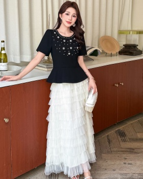 Rhinestone splice cake beading round neck skirt 2pcs set