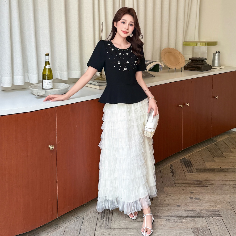 Rhinestone splice cake beading round neck skirt 2pcs set