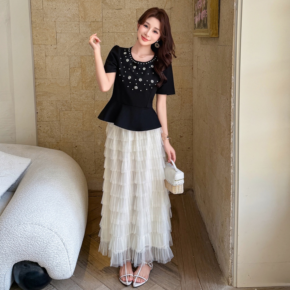 Rhinestone splice cake beading round neck skirt 2pcs set