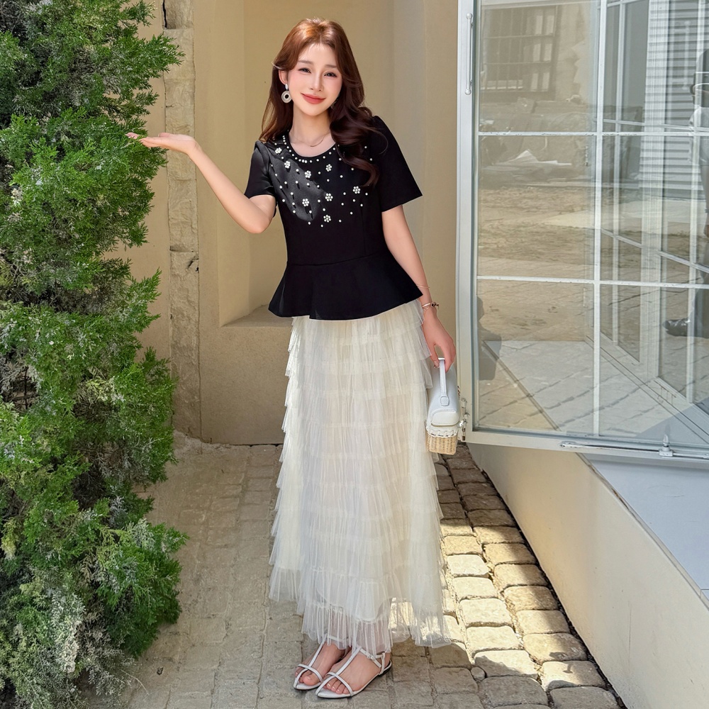 Rhinestone splice cake beading round neck skirt 2pcs set