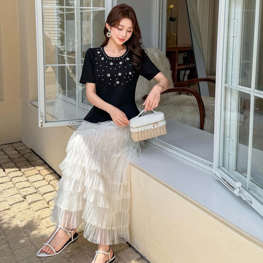 Rhinestone splice cake beading round neck skirt 2pcs set