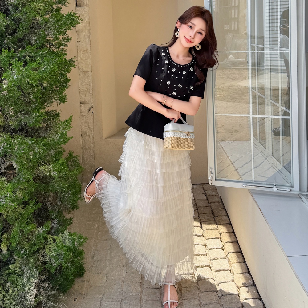 Rhinestone splice cake beading round neck skirt 2pcs set