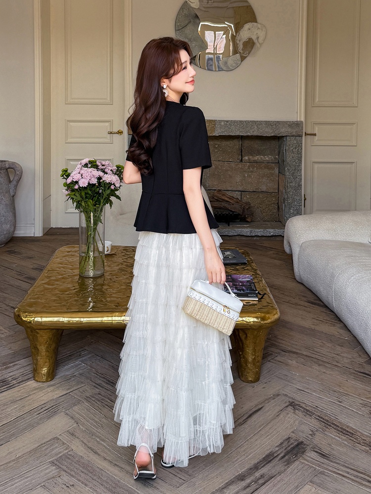 Rhinestone splice cake beading round neck skirt 2pcs set