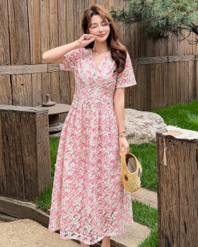 Printing summer lace Casual France style V-neck dress