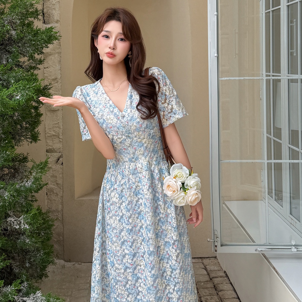 Printing summer lace Casual France style V-neck dress