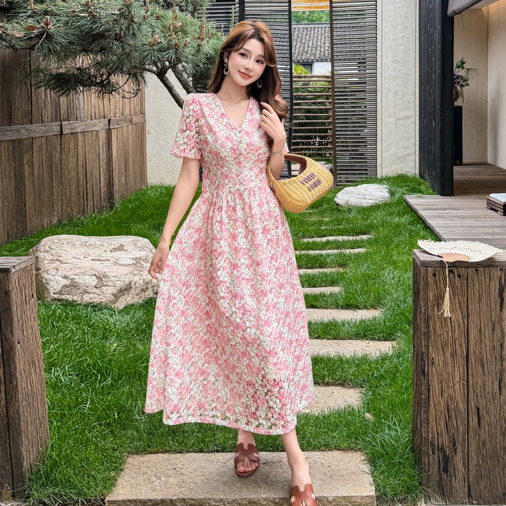 Printing summer lace Casual France style V-neck dress