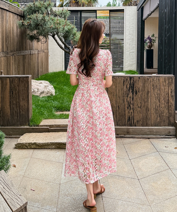 Printing summer lace Casual France style V-neck dress