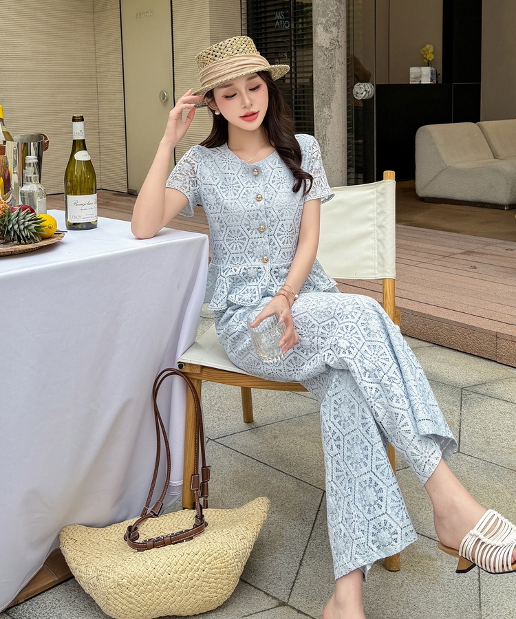 Summer splice tops lace long pants 2pcs set