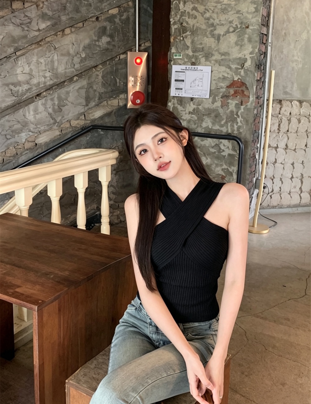 Sling flat shoulder Korean style vest knitted slim tops